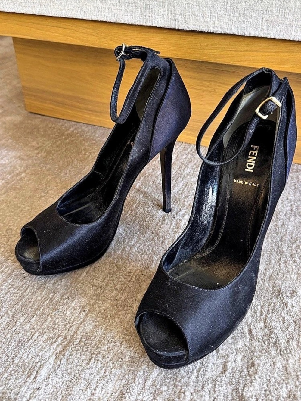 Fendi Black Satin Peep-Toe Platform Pumps EU 39